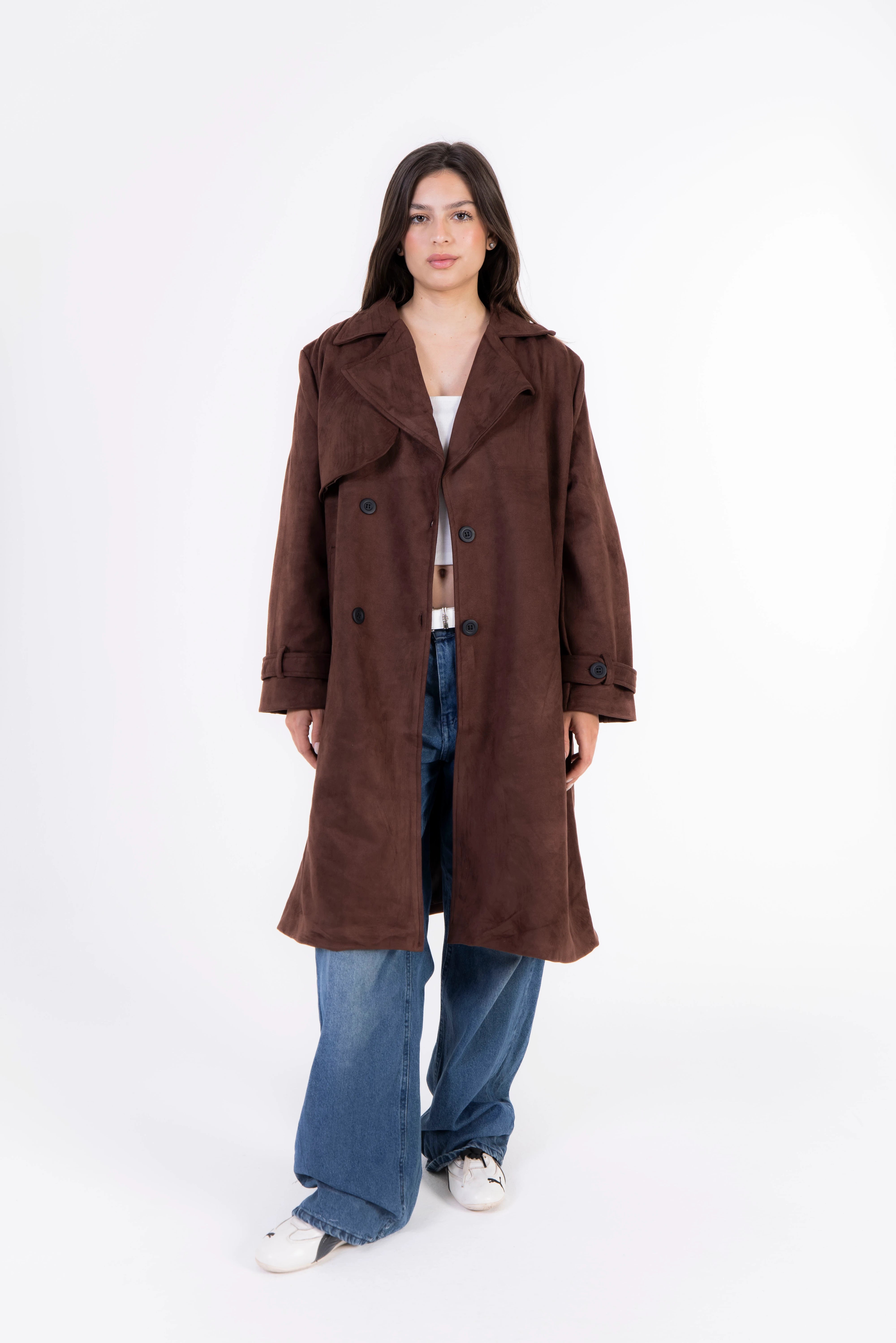 Seren Suede Trench Coat - Chocolate Brown