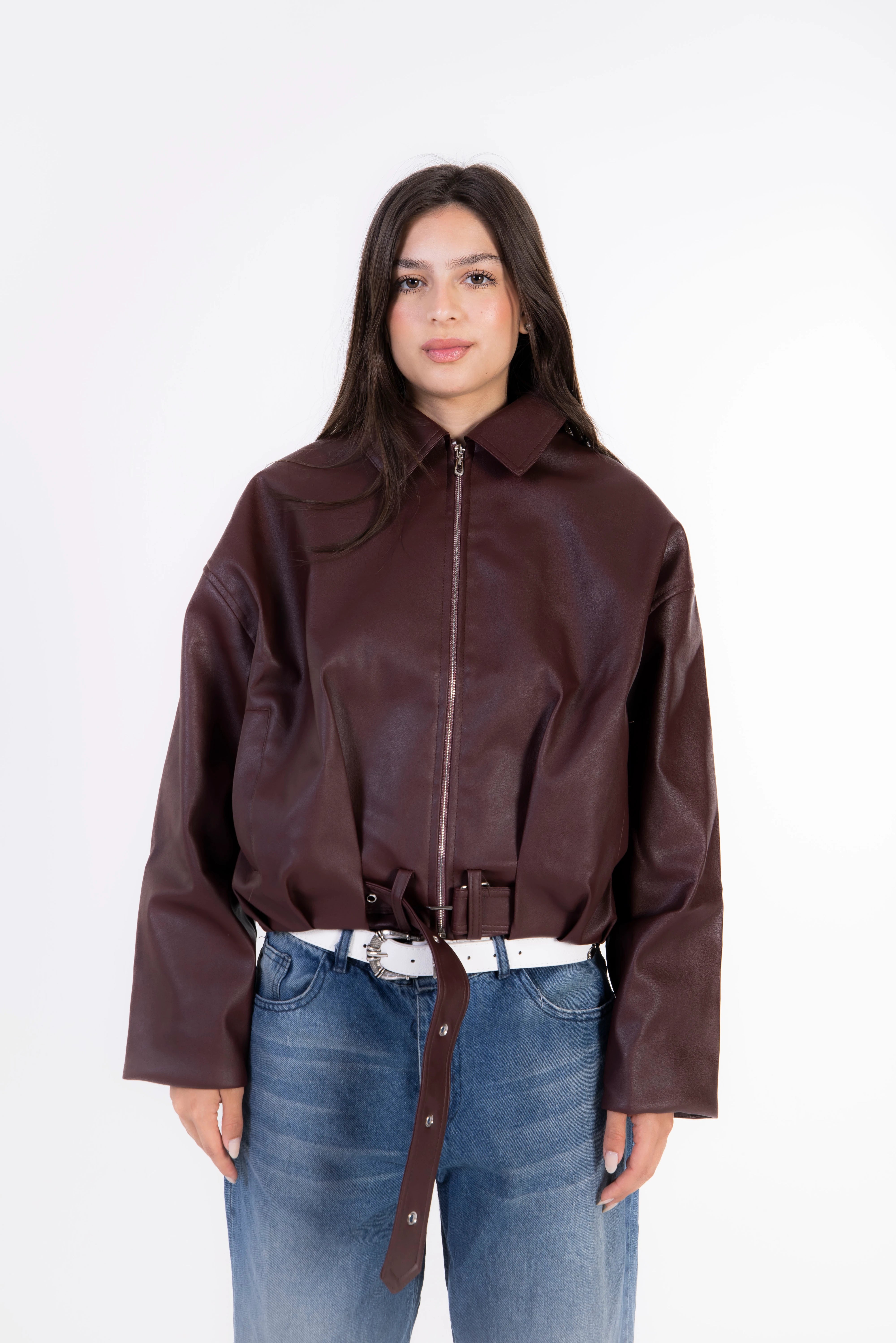 Rider Leather Zip-Up Jacket - Burgundy