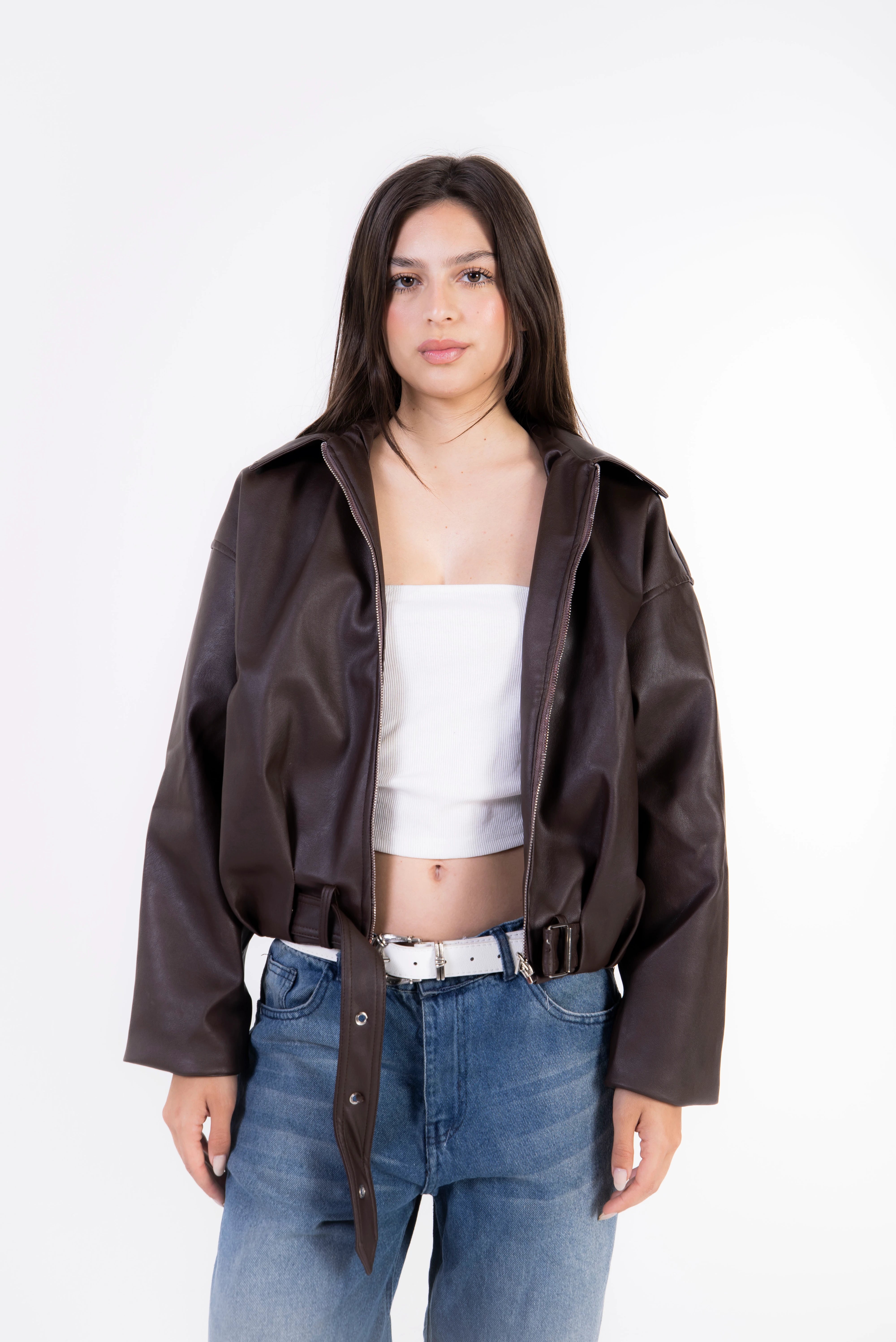 Rider Leather Zip-Up Jacket - Brown