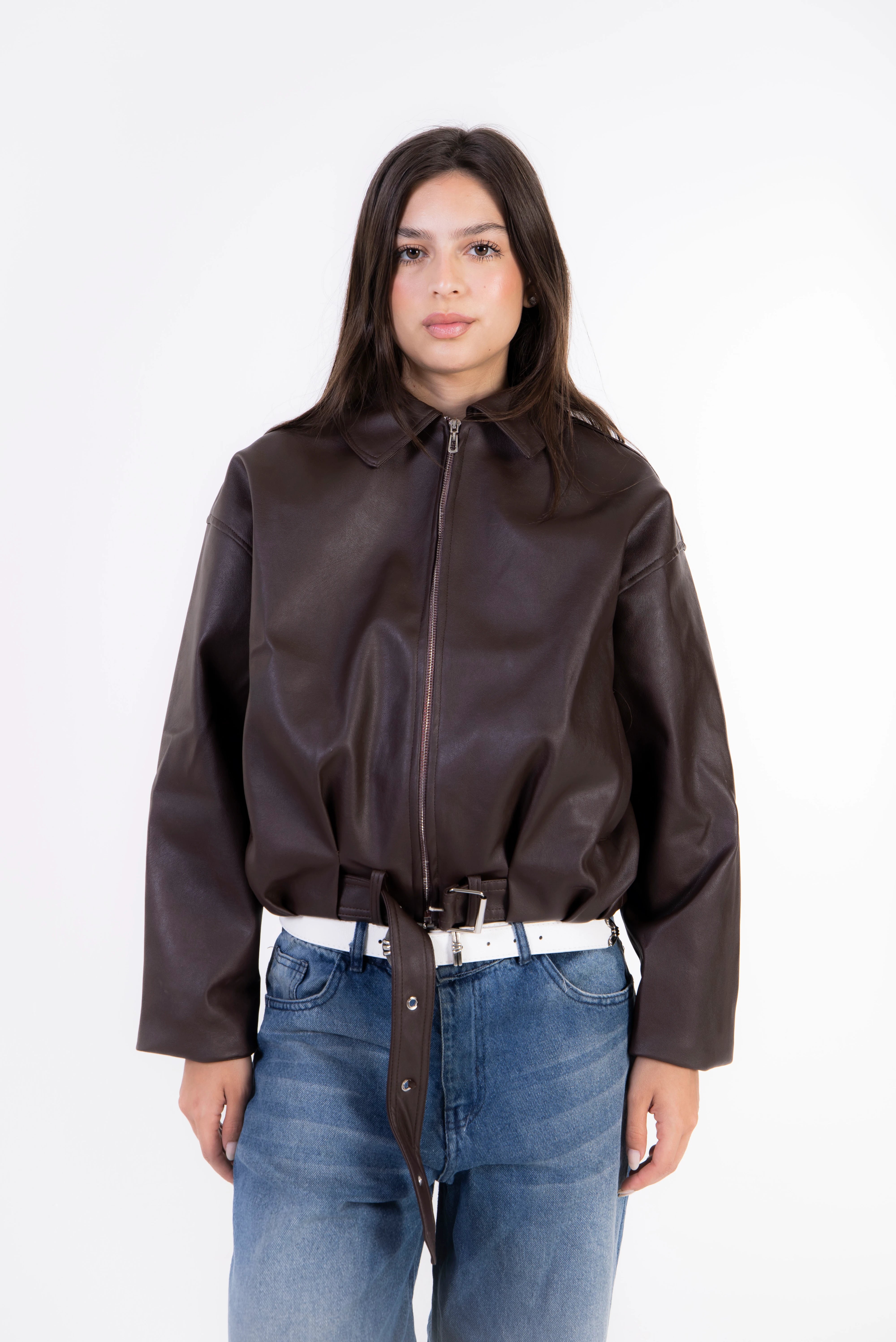 Rider Leather Zip-Up Jacket - Brown