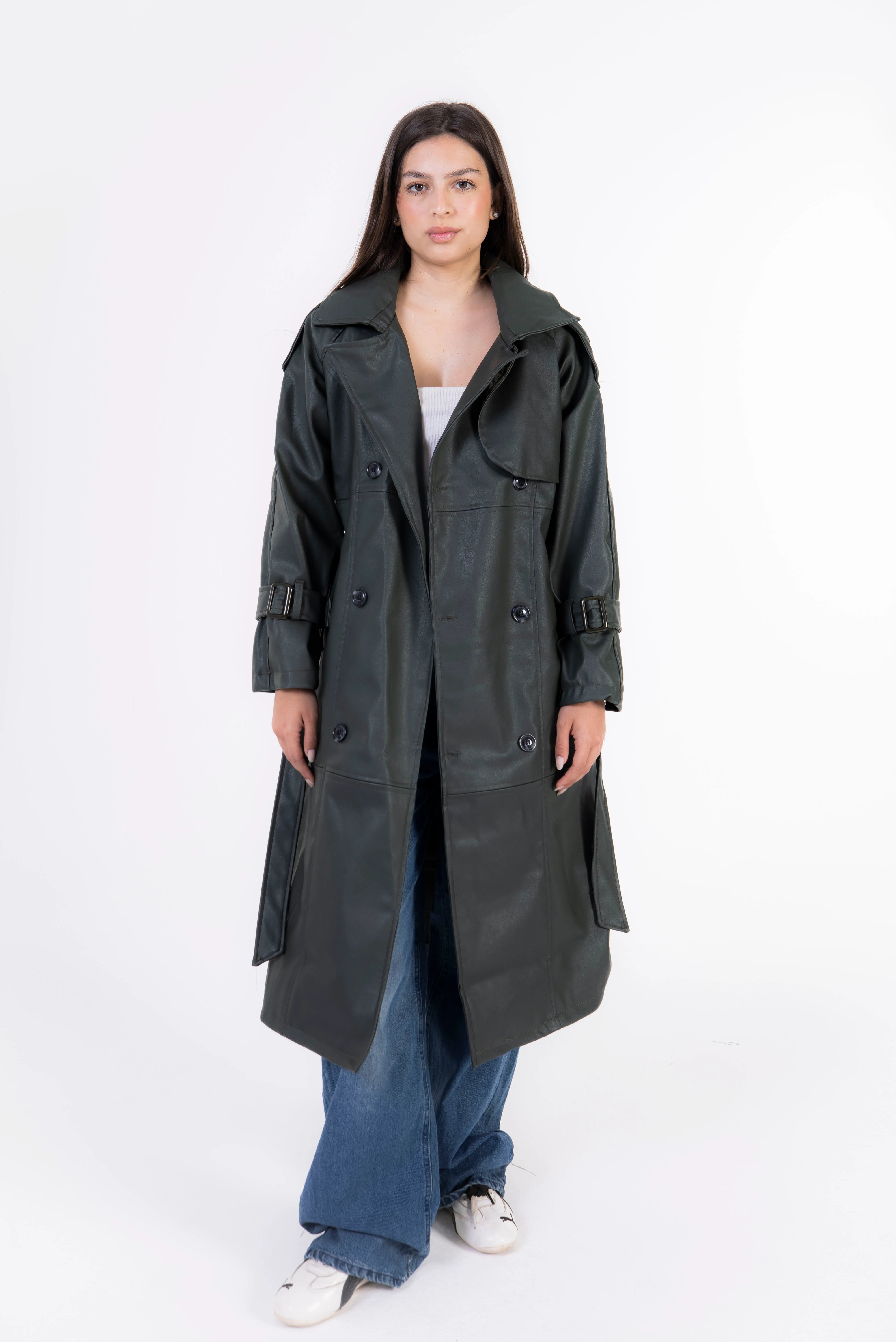 Valor Leather Trench Coat - Dark Olive