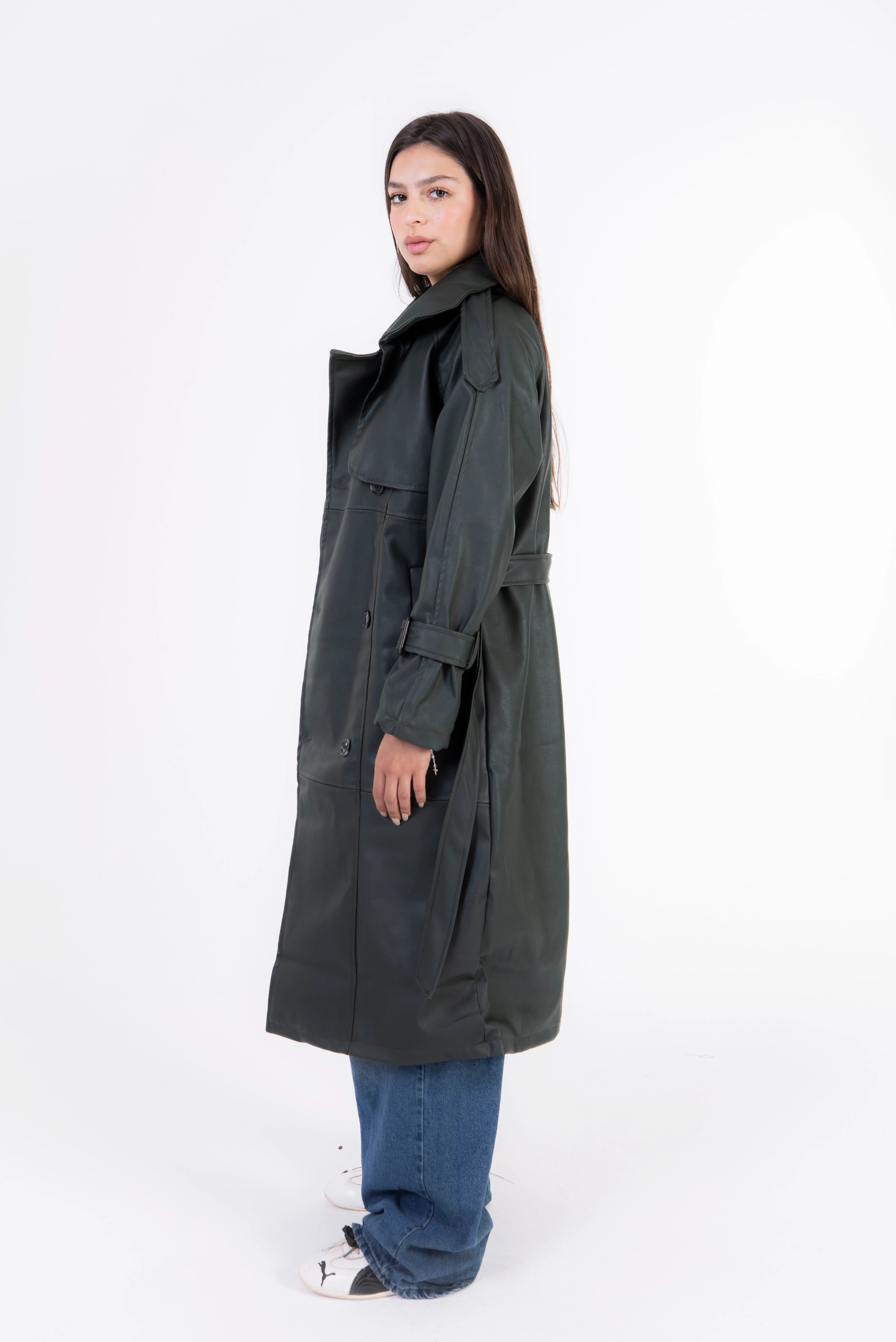 Valor Leather Trench Coat - Dark Olive