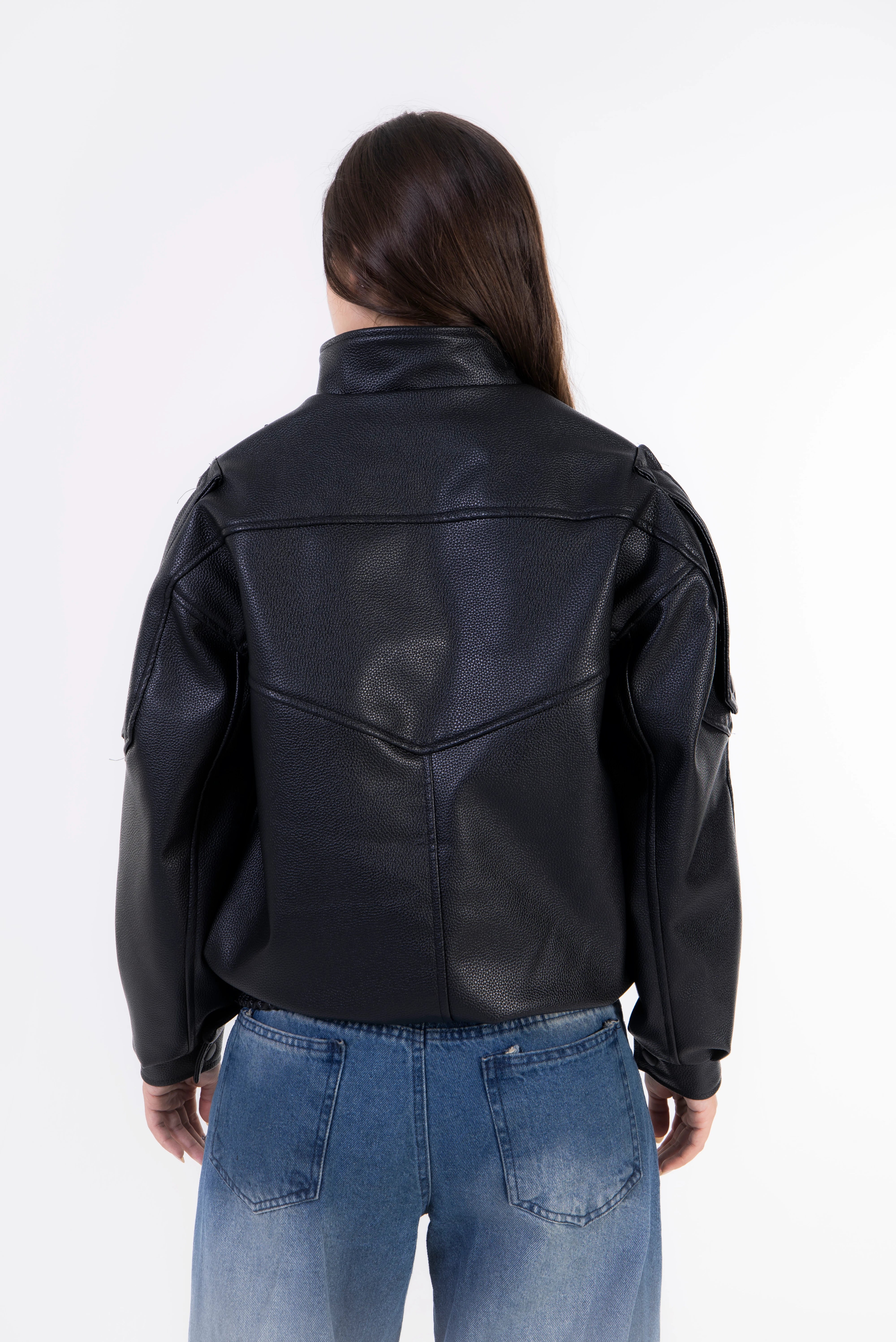 Textured Navy Leather Jacket - Black