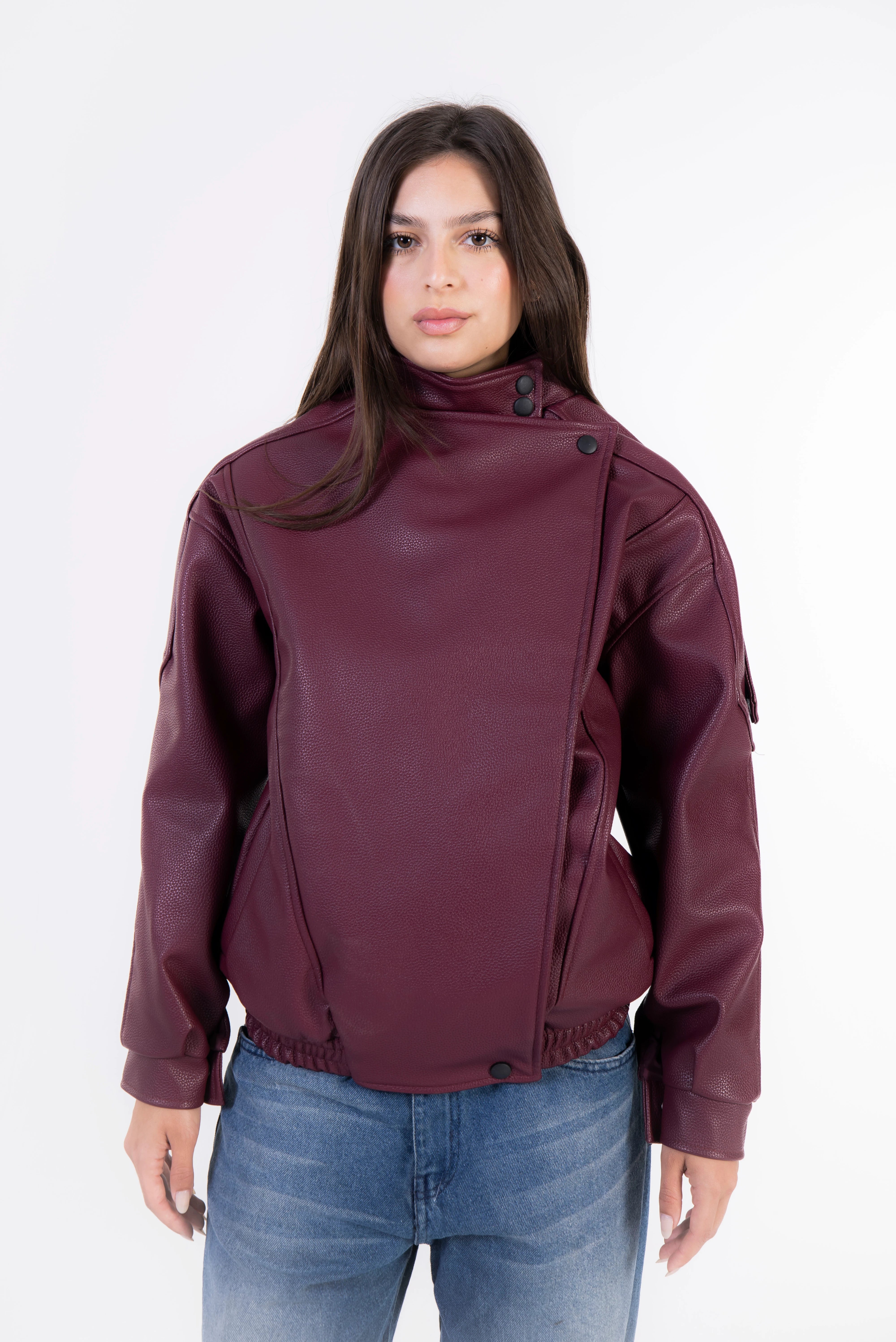 Textured Navy Leather Jacket - Burgundy