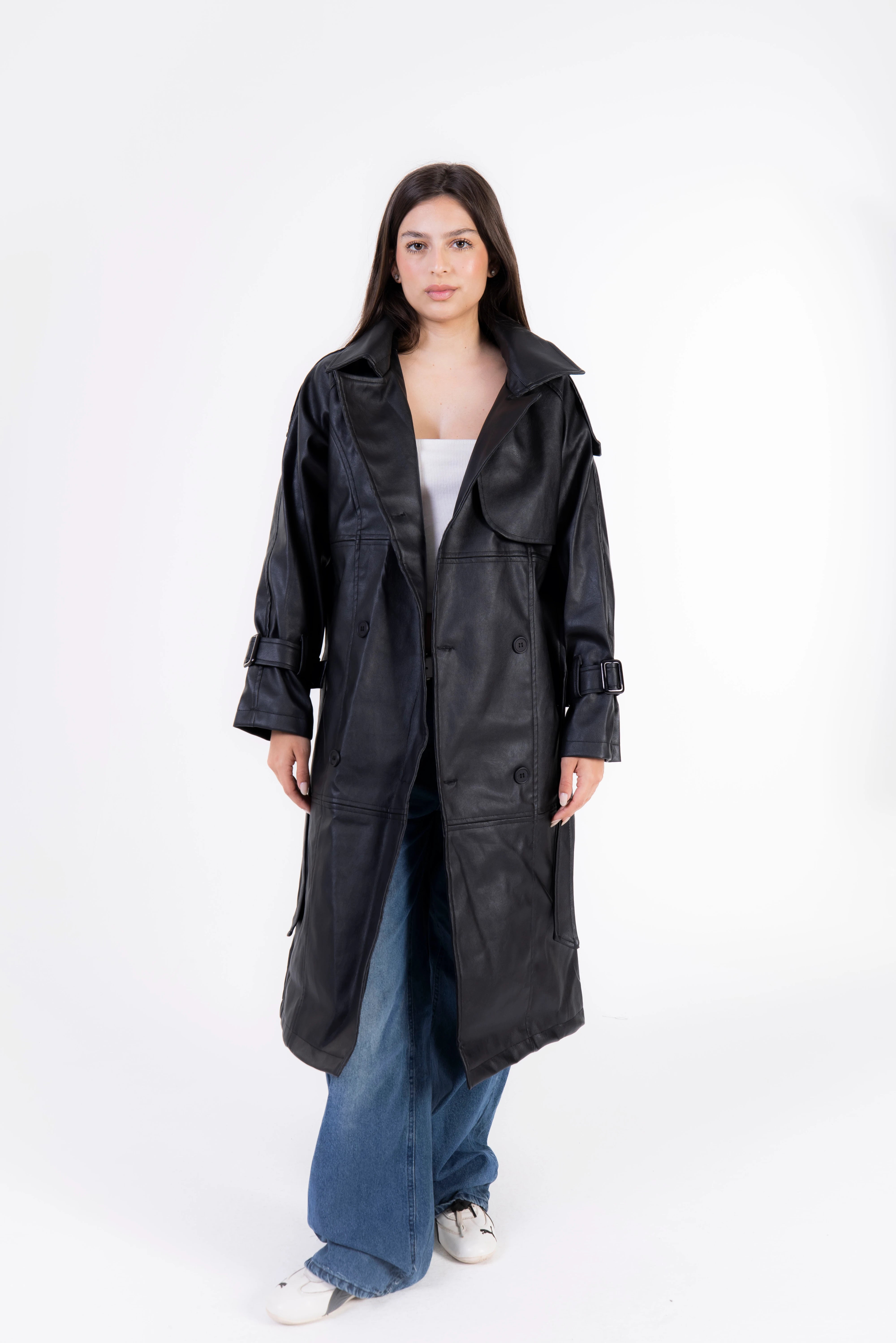 Valor Leather Trench Coat - Black