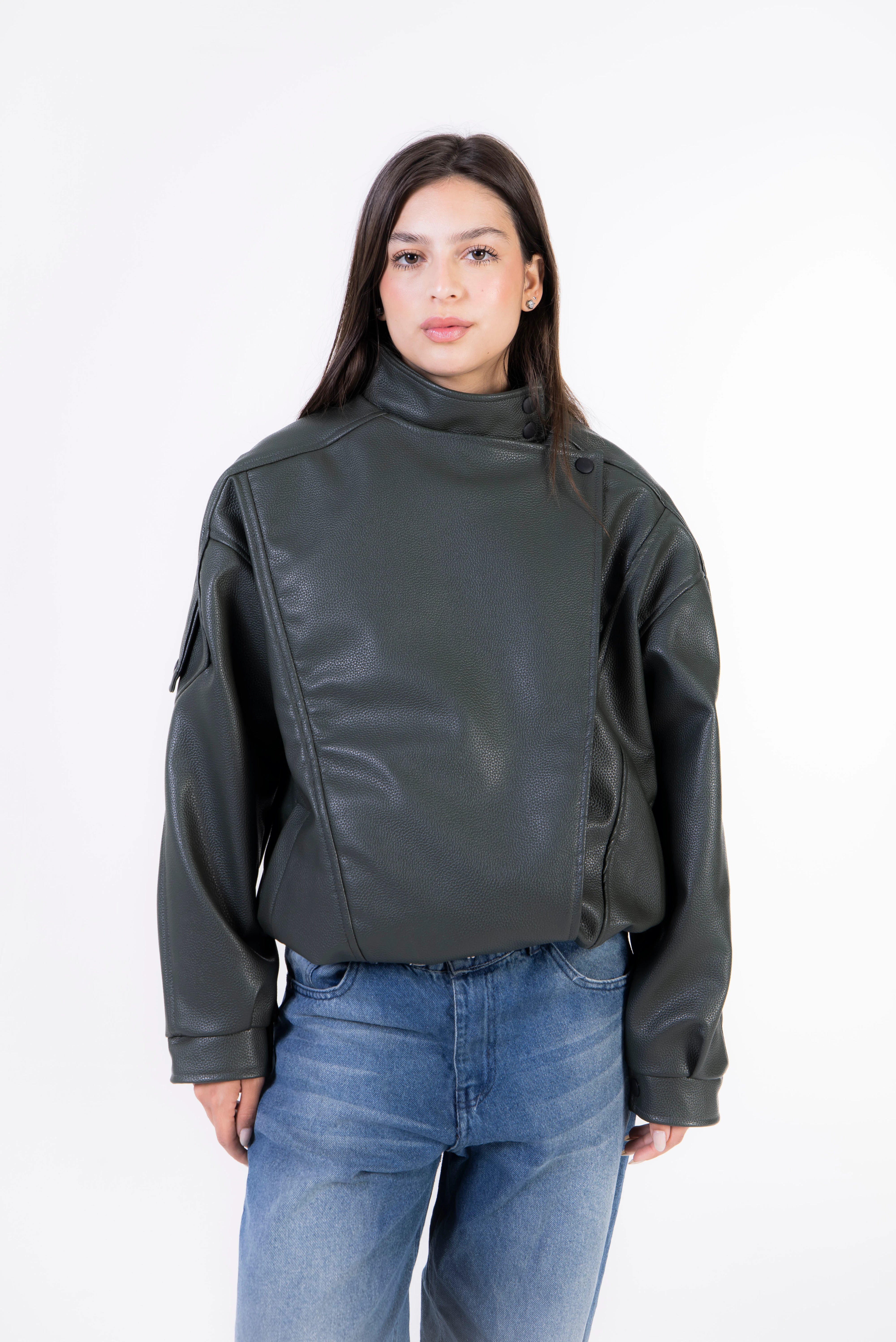 Textured Navy Leather Jacket - Dark Olive