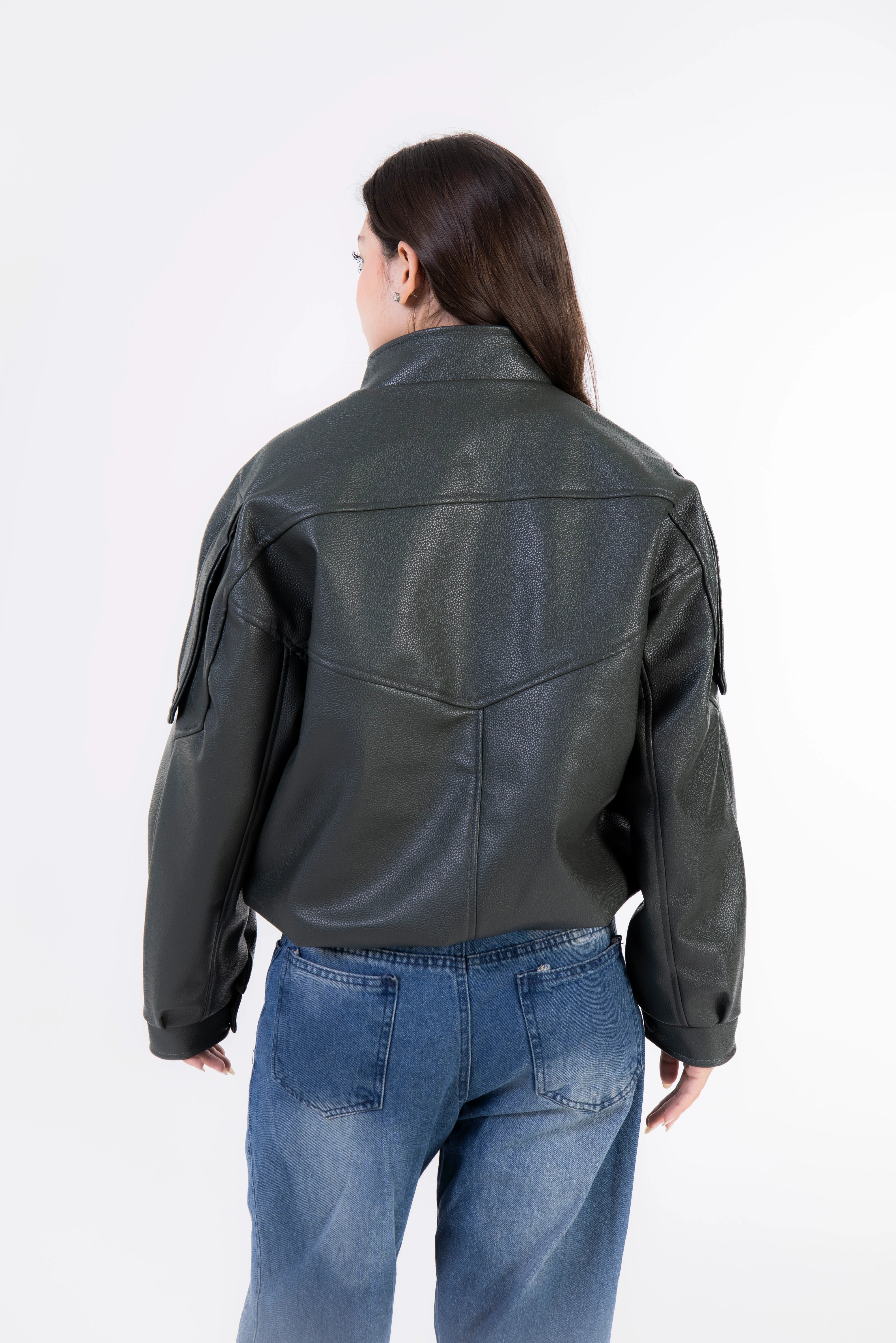 Textured Navy Leather Jacket - Dark Olive
