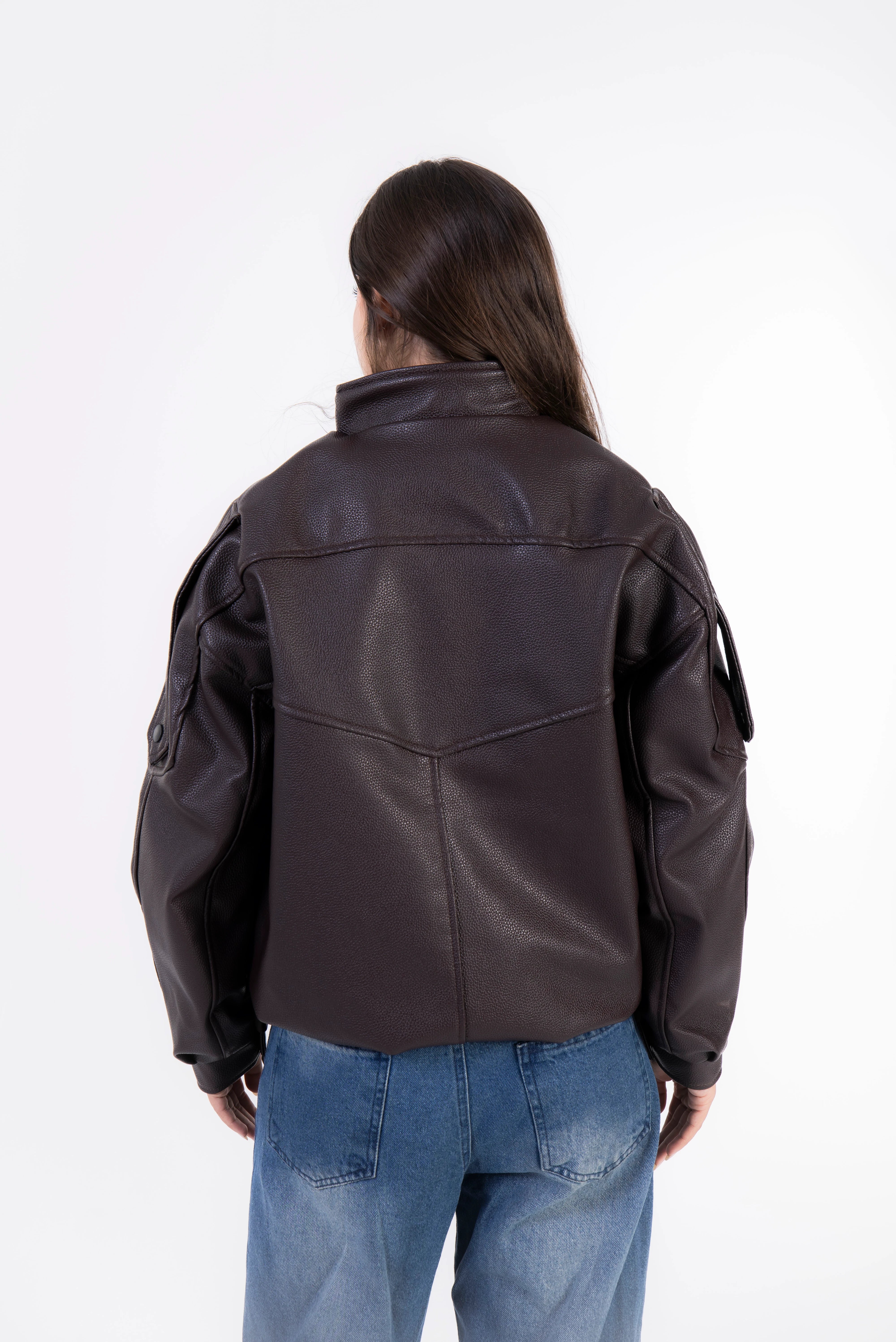 Textured Navy Leather Jacket - Brown