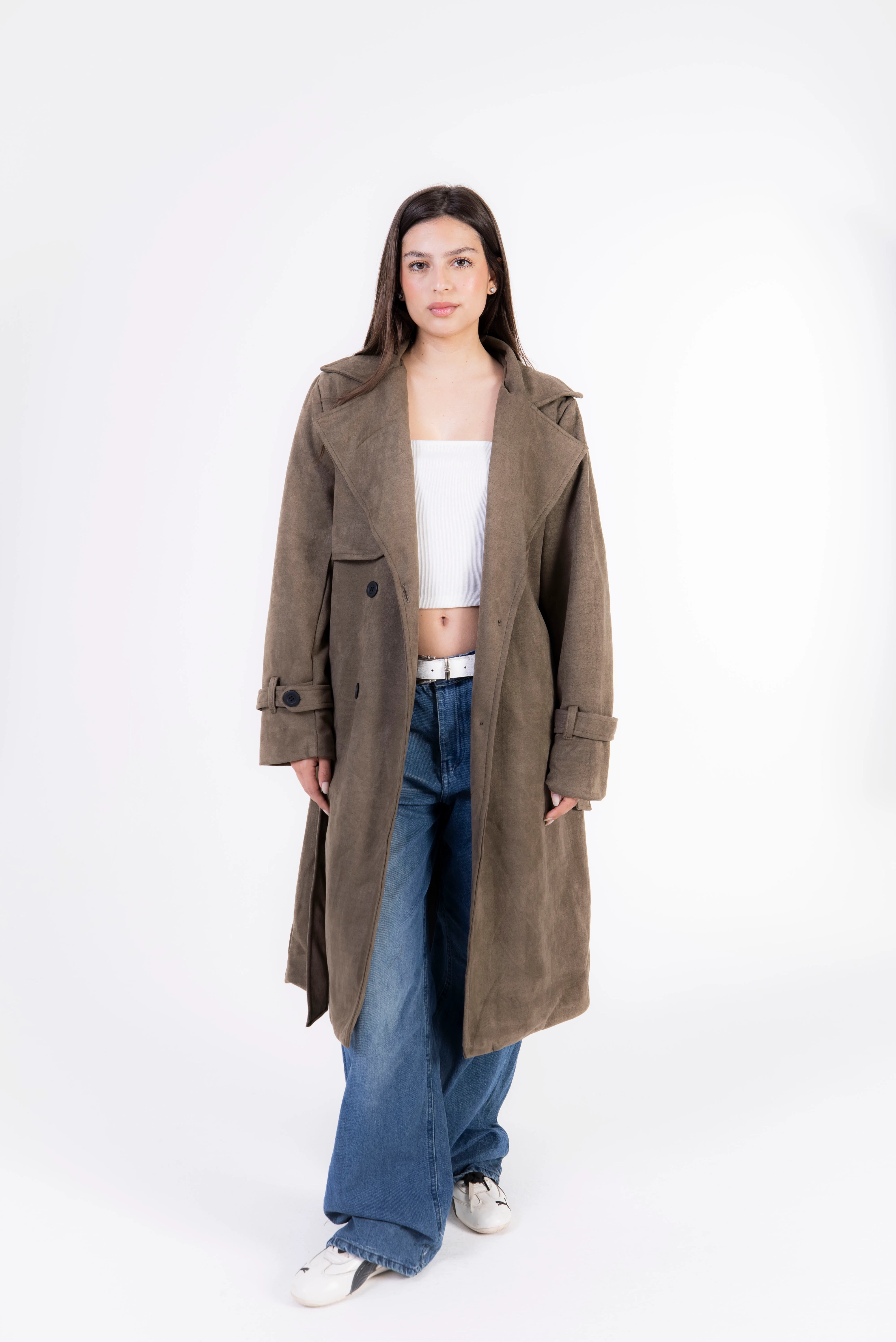 Seren Suede Trench Coat - Olive