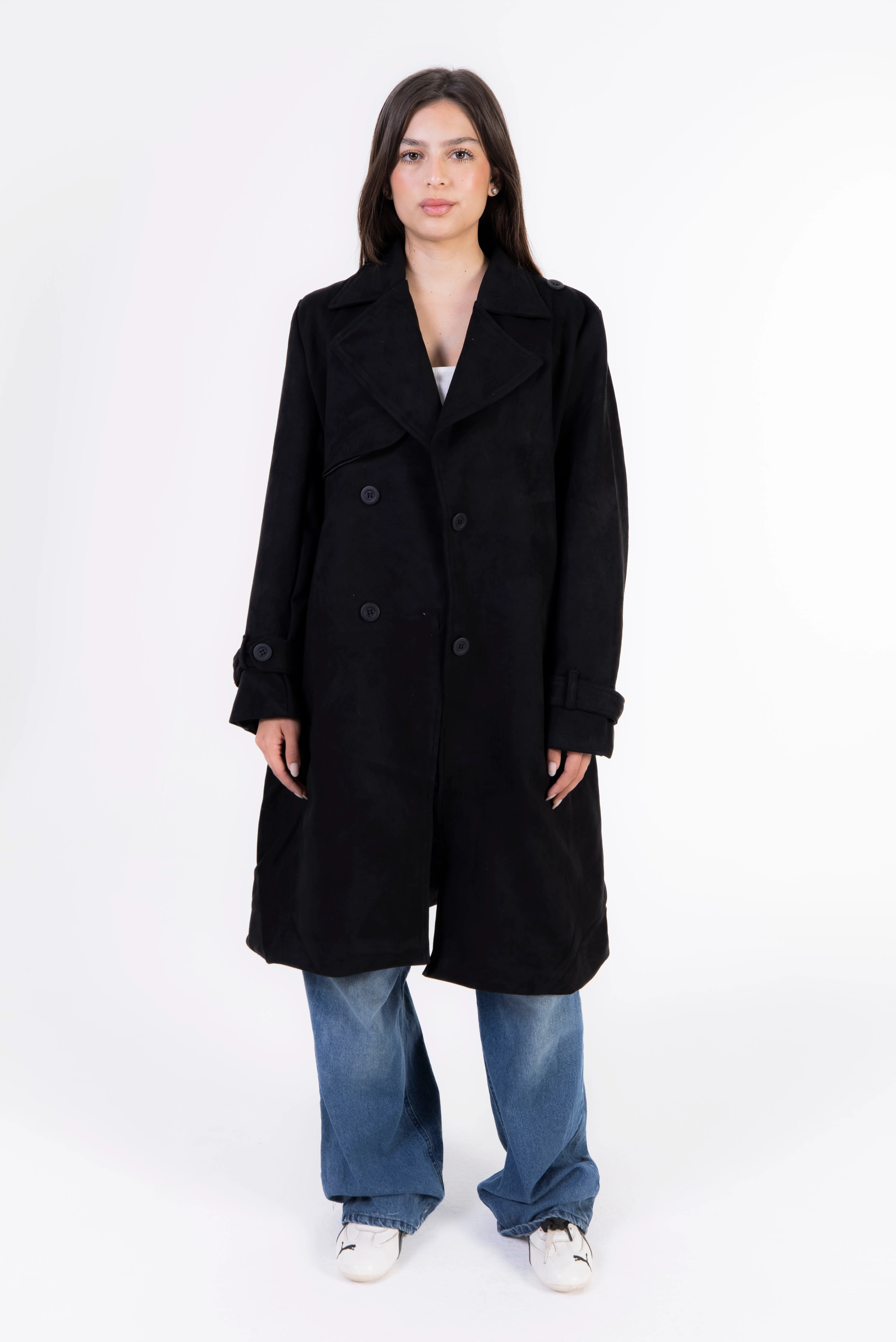 Seren Suede Trench Coat - Black