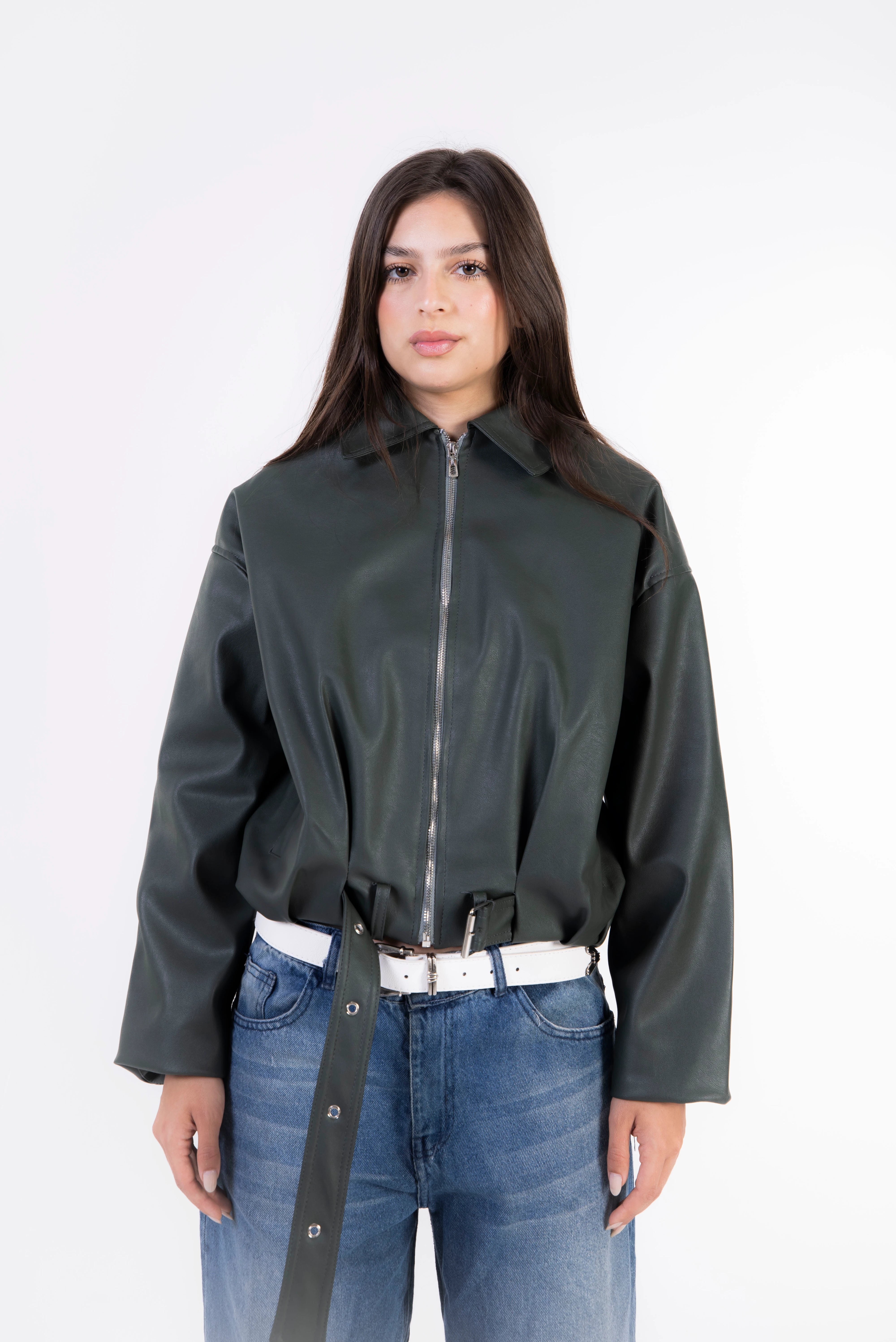 Rider Leather Zip-Up Jacket - Dark Olive