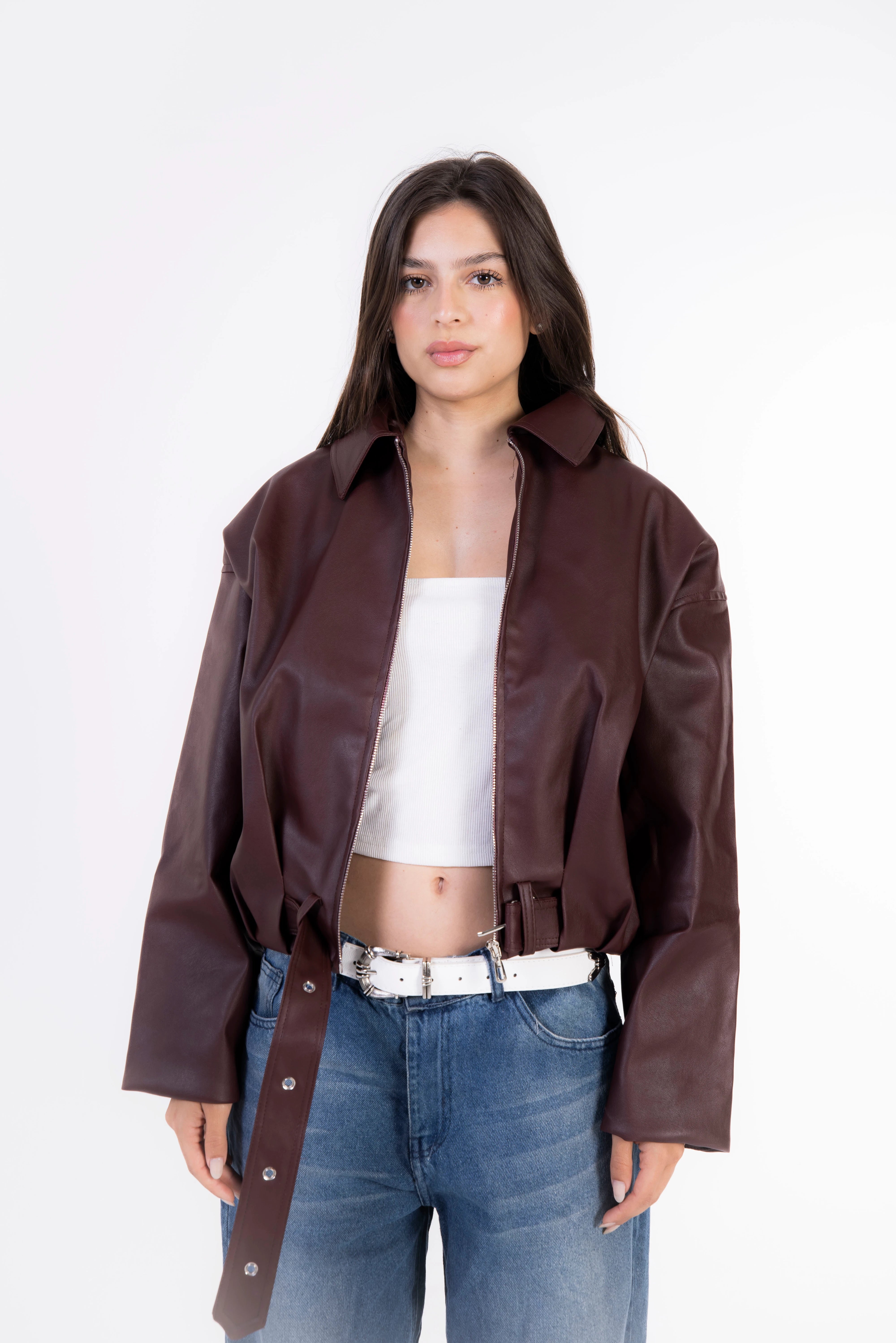 Rider Leather Zip-Up Jacket - Burgundy