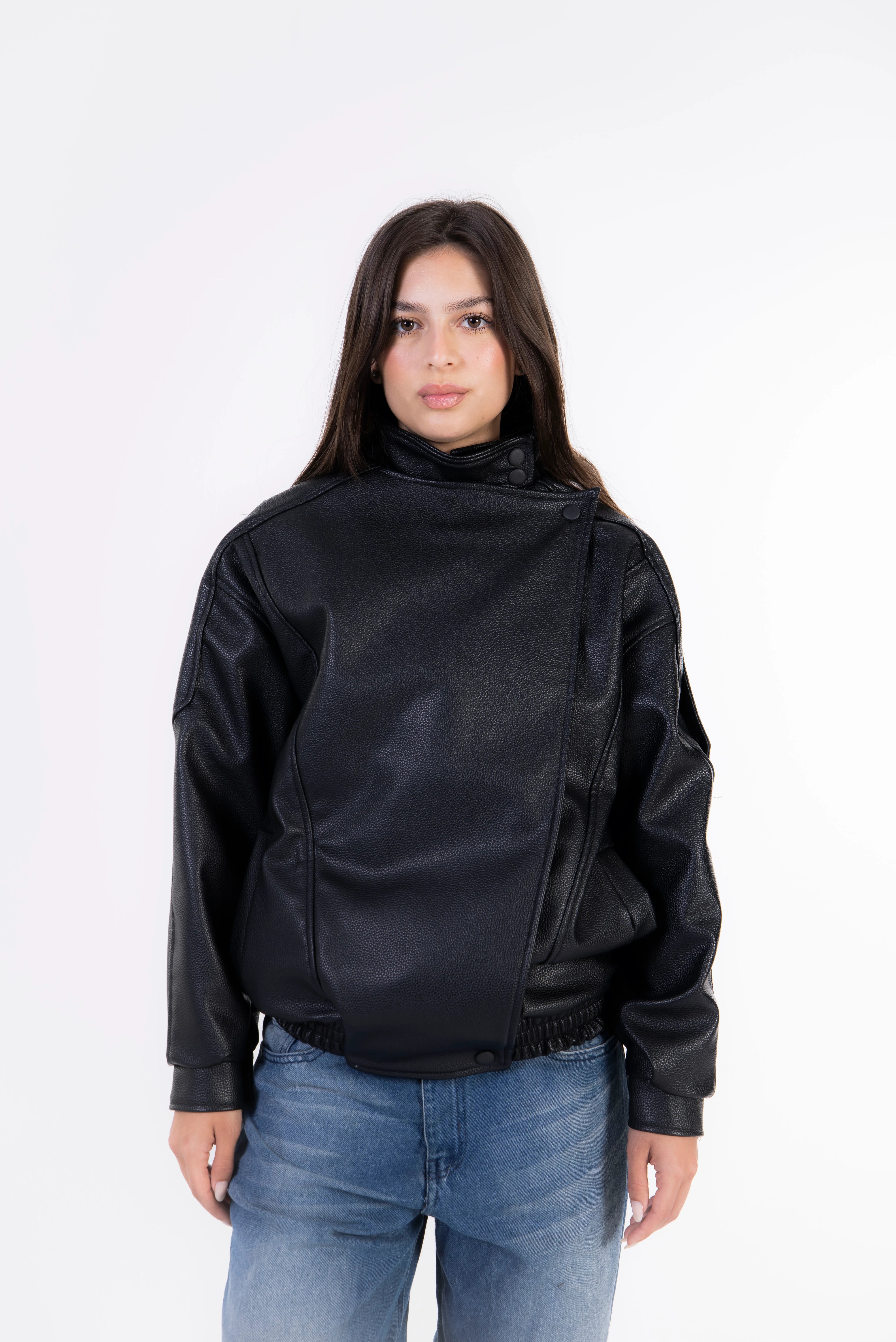 Textured Navy Leather Jacket - Black