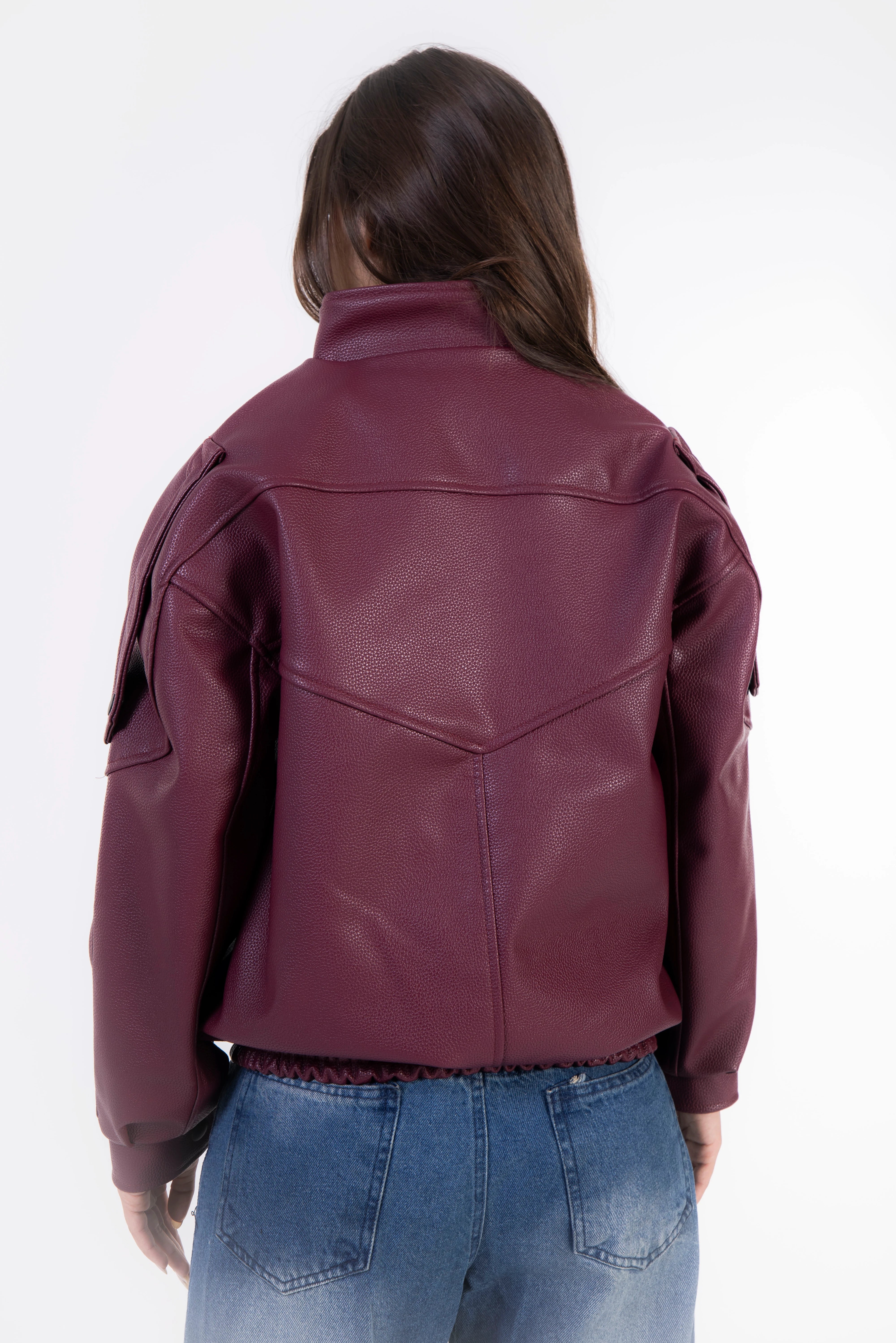 Textured Navy Leather Jacket - Burgundy
