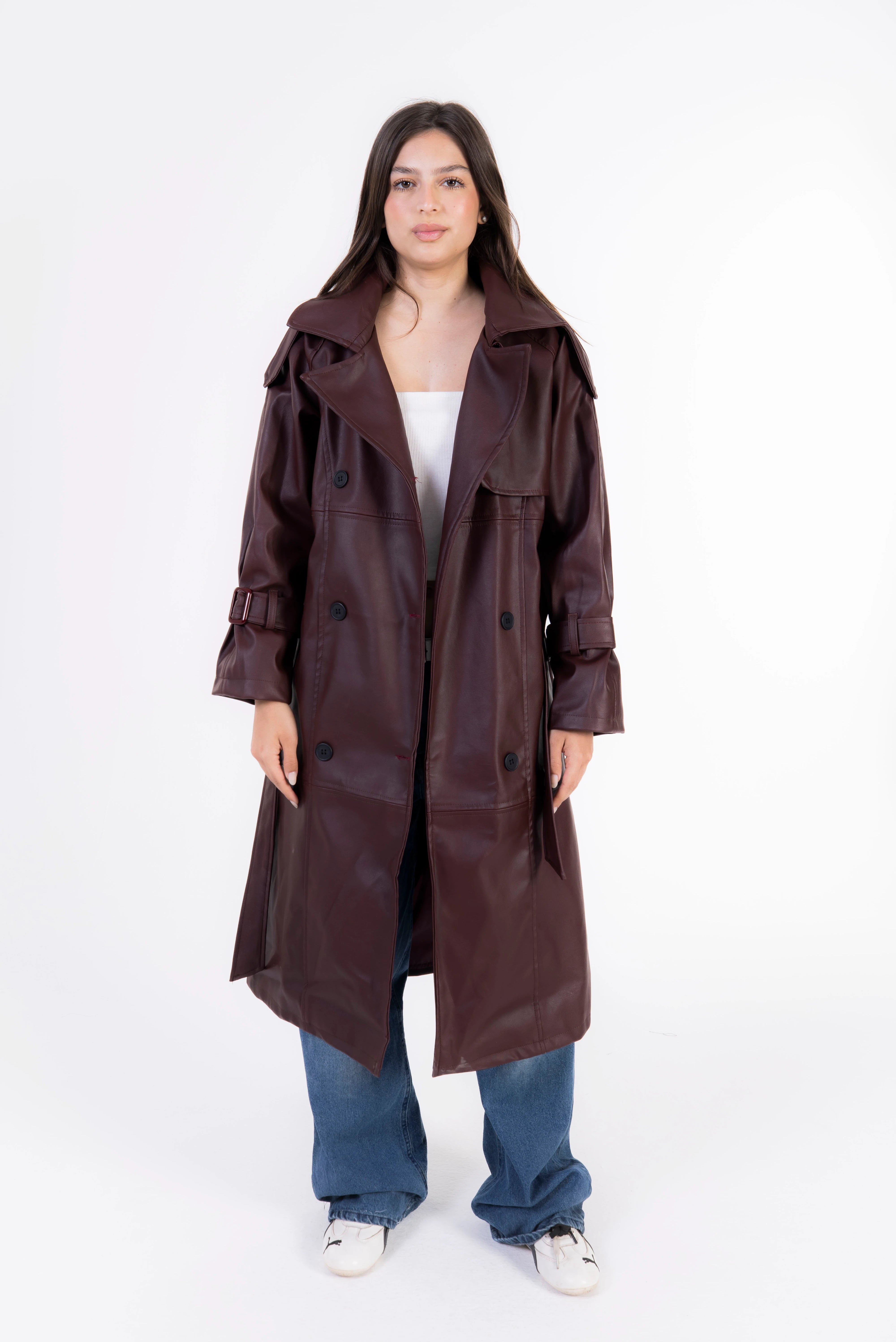 Valor Leather Trench Coat - Burgundy