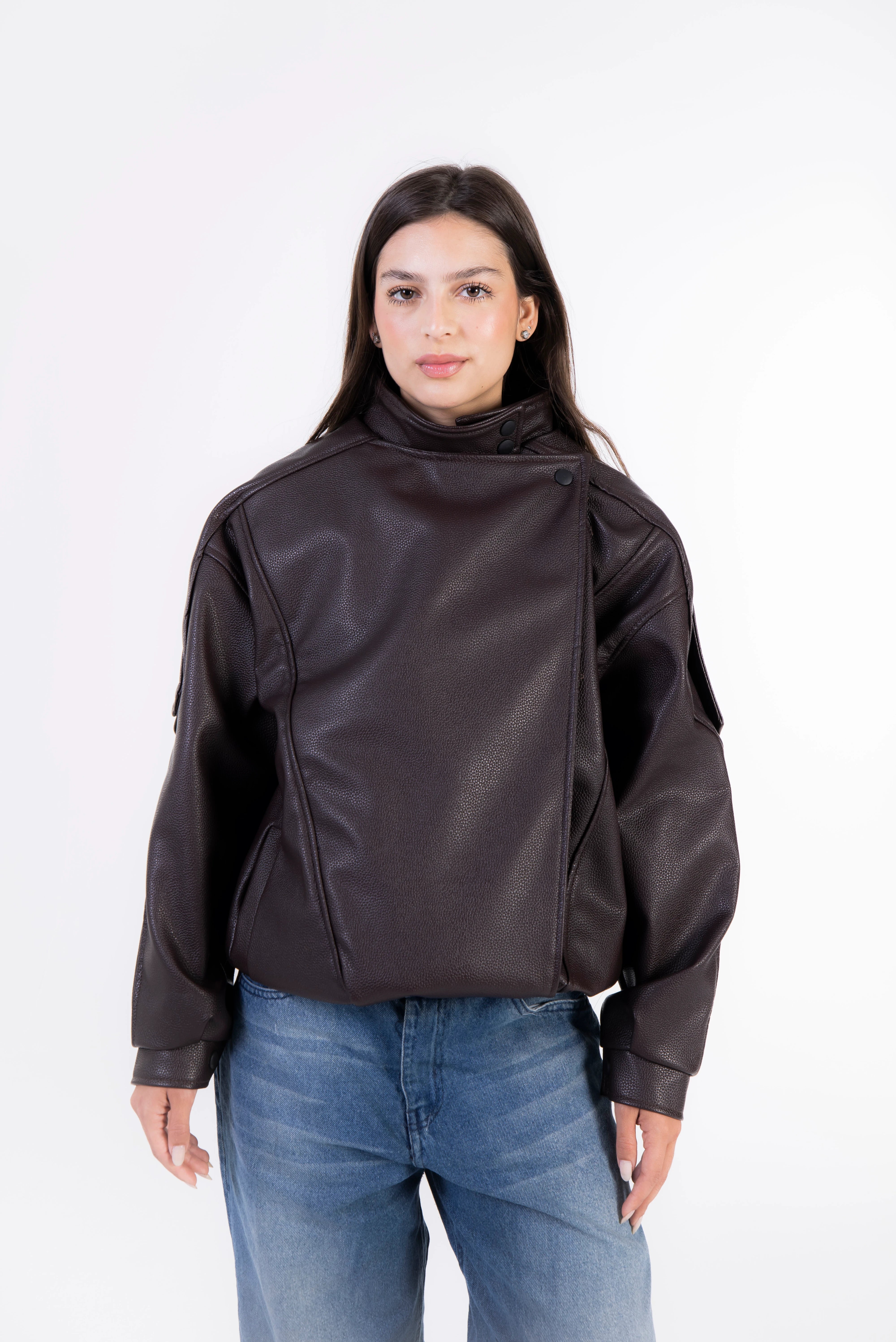 Textured Navy Leather Jacket - Brown