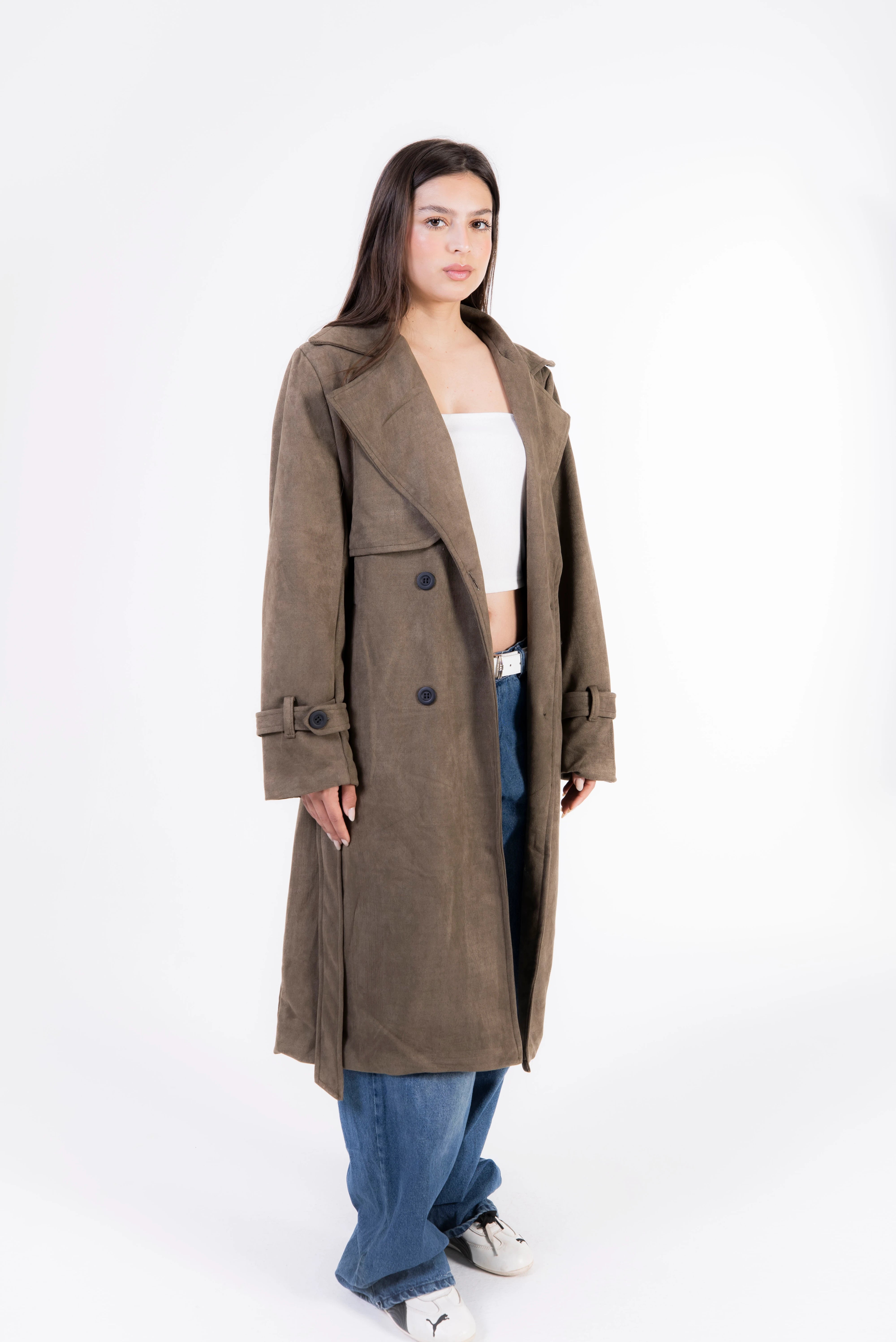 Seren Suede Trench Coat - Olive